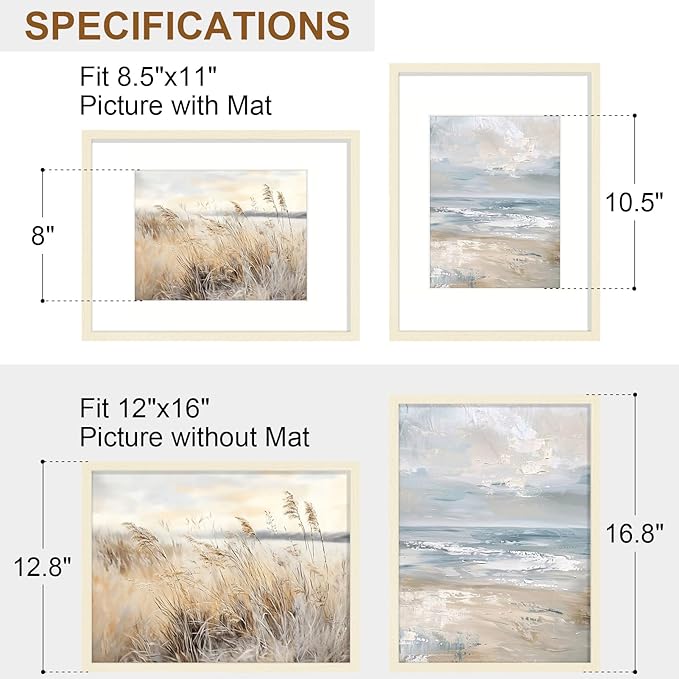 Vittanly 12x16 Picture Frame Set of 2, Solid Wood Frame for Wall Art Photo and Prints, Display Photo 8.5x11 with Mat or 12x16 without Mat, White
