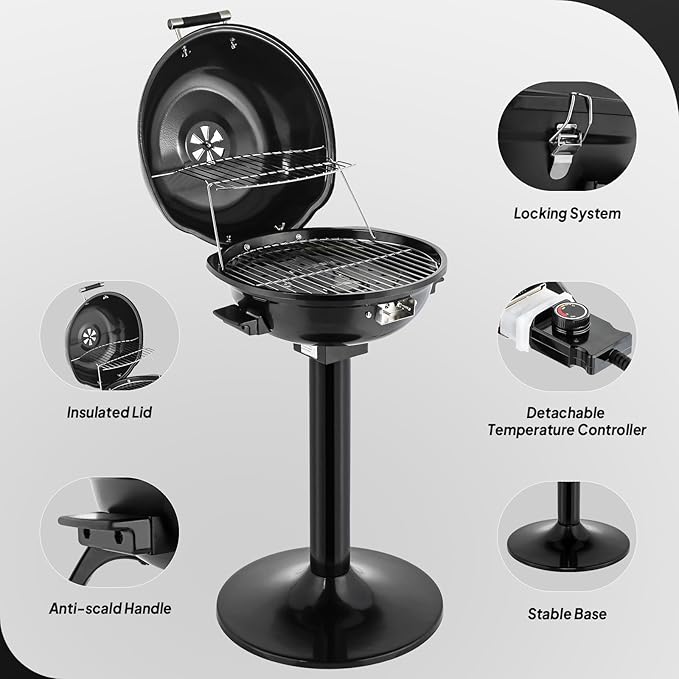 ROVSUN 1600W Vertical Electric Grill with Lid, Black 304 Stainless Steel Grill w/Detachable Pull-out Drip Tray, Double Layer Design, Portable & Removable, for Indoor and Outdoor Use