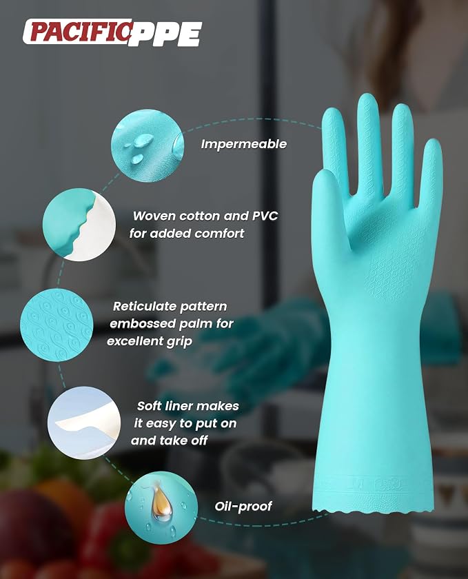 PACIFIC PPE 2 Pairs Dishwashing Gloves, Cotton Flocked Liner, Large | - Image 3