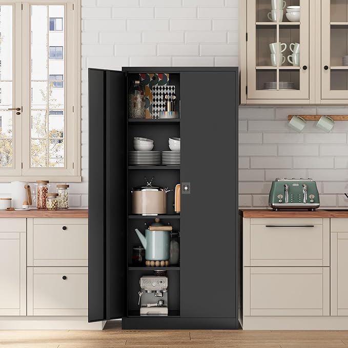 Metal Storage Cabinet-72” Black Tall Steel File Cabinets with Lockable Doors and Adjustable Shelves-Black Steel Storage Cabinet for Kitchen, Office, Garage