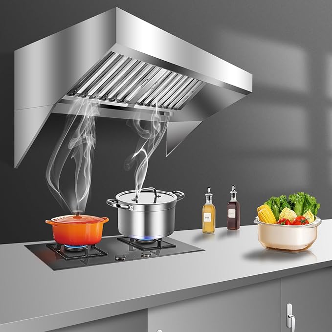 4FT Commercial Kitchen Exhaust Hood, Wall Mount Stainless Steel Vent Hood with Detachable u-Shaped Grease Filters, Rust-Resistant Restaurant Range Hood for Food Truck Cooking Station Concession Traile