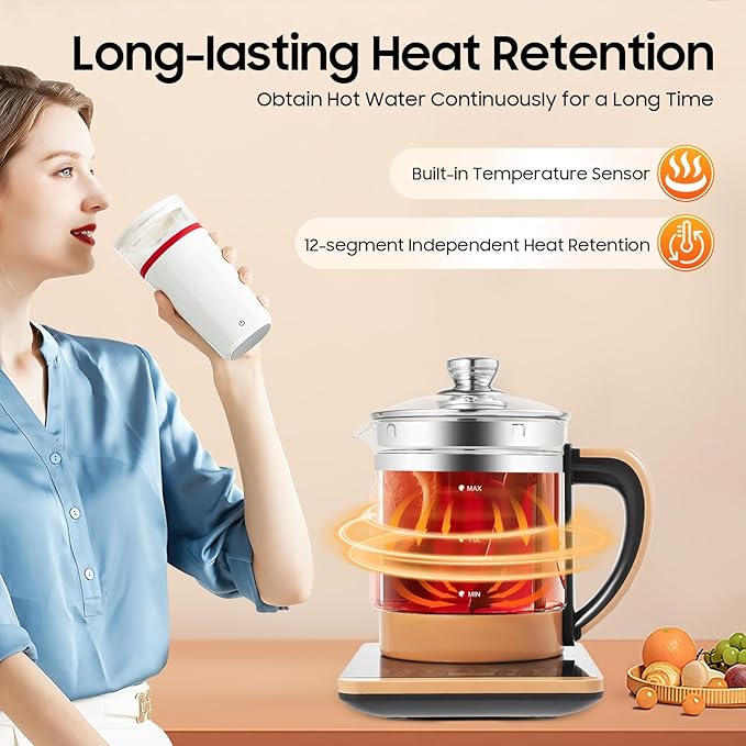 Health Pot Glass Electric Kettle for Tea & Coffee, Temperature Control Electric Kettle with Steamed Eggs Holder, 18 Smart Menu Health Pot Reservation & Timing Tea Infuser for Tea,002