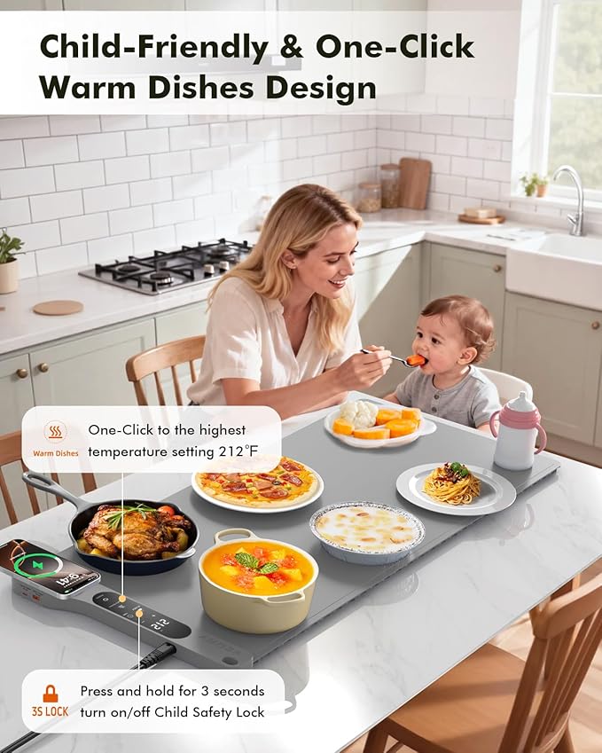 New Food Warming Mat with Wireless Charger, 34”x15” Extra Large Roll Up Food Warmer Fast Heating Mat for Food with 7 Level Temperature & 8 Hours Timer, Electric Warming Trays for Buffets Party (Grey)