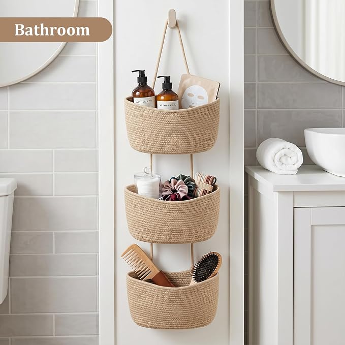 TeoKJ Over the Door Hanging Basket, 3-Tier Woven Cotton Wall-Mounted Storage - Image 7