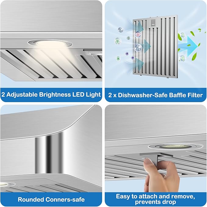 30 inch Under Cabinet Range Hood 1200 CFM with 4-Speed Gesture Sensing & Touch Control, Stainless Steel Kitchen Stove Vent Hoods with 2 LED Lights, Time Setting, Dishwasher-Safe Baffle Filters