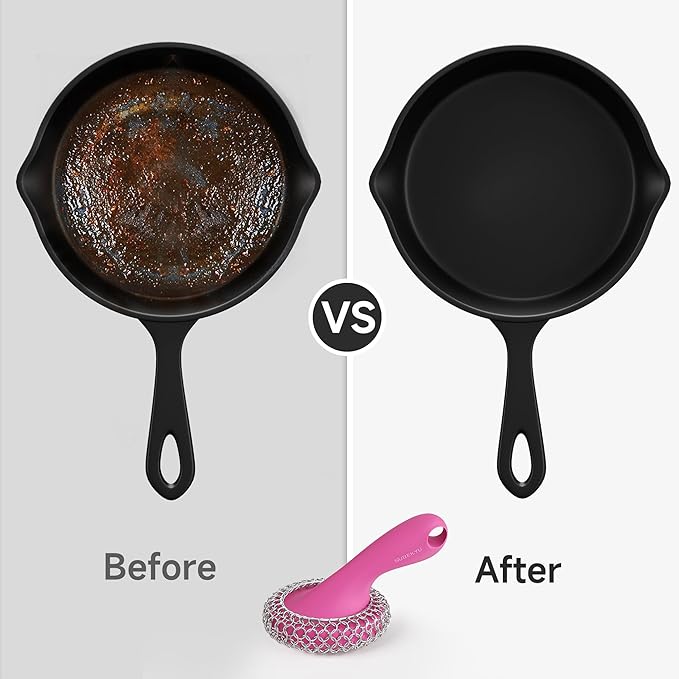 SUBEKYU Cast Iron Scrubber with Silicone Handle, Stainless Steel Skillet Cleaner for Cast Iron Pans (Pink Scrubber + Scraper)