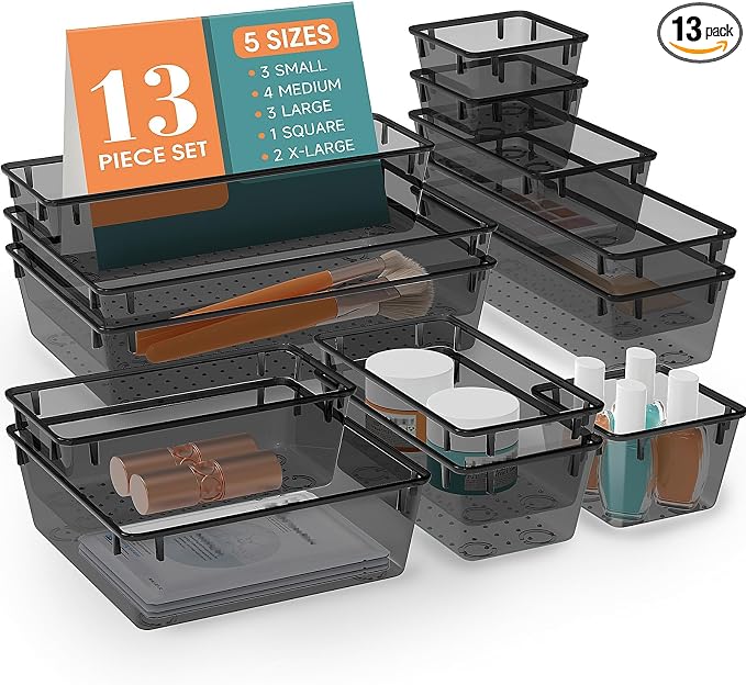 13 PCS Drawer Organizer Set, 5 Size Bathroom and kitchen organizer Trays | by StorMiracle