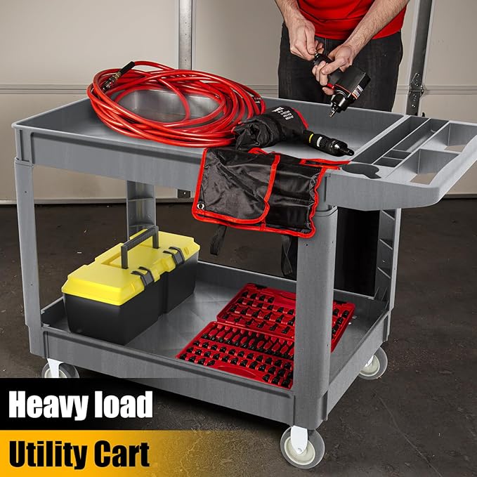 2 Tier Rolling Utility Cart on Wheels, 1000 lbs Capacity Plastic Service Cart with Lipped Shelves, 46 x 26-Inch Heavy Duty Work Cart for Warehouse, Garage, Cleaning, Gray