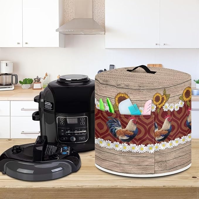 Air Fryer Cover Compatible with 8 Quart Instant Pot, Dust Protection Insulated Kitchen Appliance Cover with Top Handle and Storage Pockets for Gift, Daisy Rooster Wood Grain