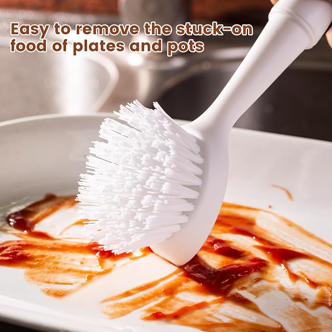 Dish Brush with Handle, Dish Scrub Brush with Built-in Scraper | Nylon Dish - Image 3