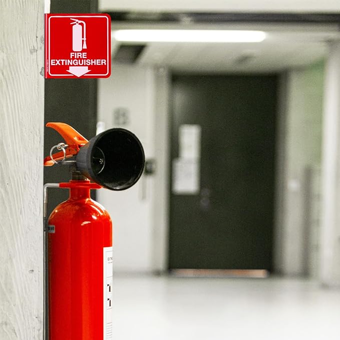 GicnKeuz Fire Extinguisher Sign, 6" x 6" Fire Extinguisher Projecting Sign with Down Arrow, Two-Sided Acrylic L-Signs, Including Screws, Easy to Install, Home Office/Business Use (4 Pack)