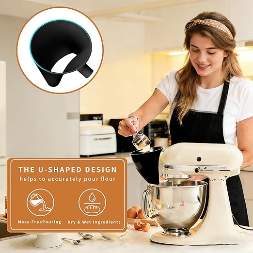 Flour Funnel for Kitchen Aid Mixer, Mess-Free Pouring Flour Funnel for Stand Mixer, Fits Artisan KSM150 5 Quart Tilt-Head for Egg Liquid and Both Flour, Durable Baking Kitchen Accessories (Black)