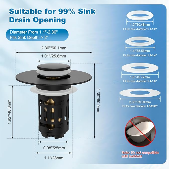 Hibbent Universal Bathroom Sink Drain Strainer, 3 in 1 Pop Up Stopper | - Image 8