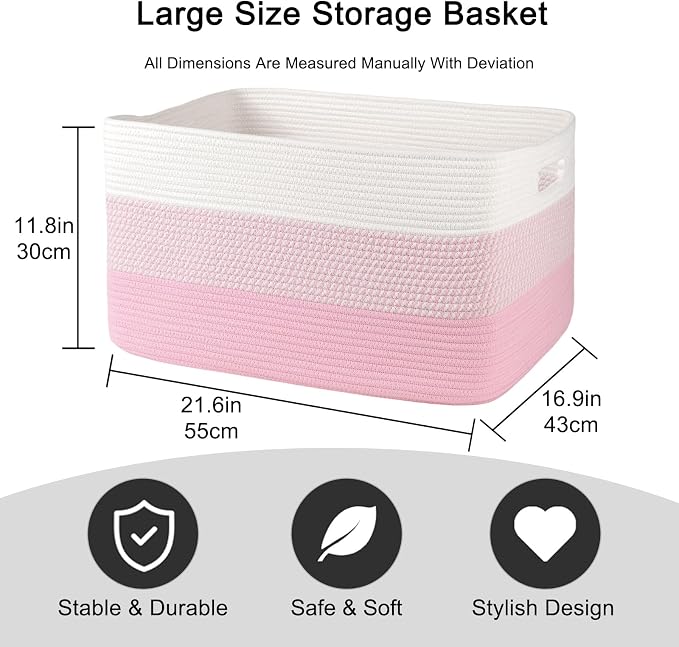 OIAHOMY Blanket Basket Laundry Basket Dog Toy Basket 75L Pink/White - Image 3