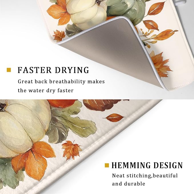 Giwawa Fall Pumpkin Dish Drying Mat Autumn Leaves Absorbent Dishes Pad 18x24 - Image 3