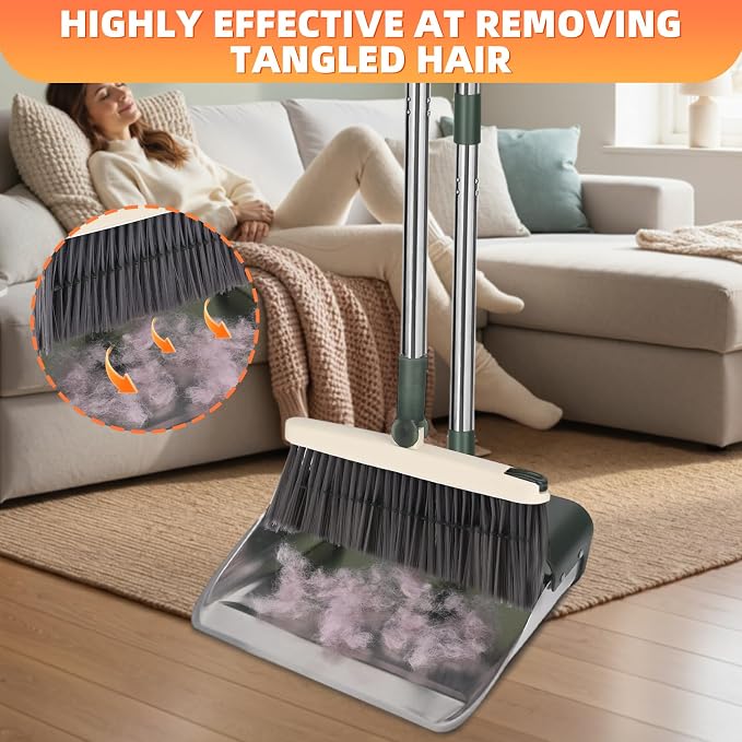 Broom with Dustpan Combo Set, Lightweight Standing Metal Dust Pan with Teeth - Image 3