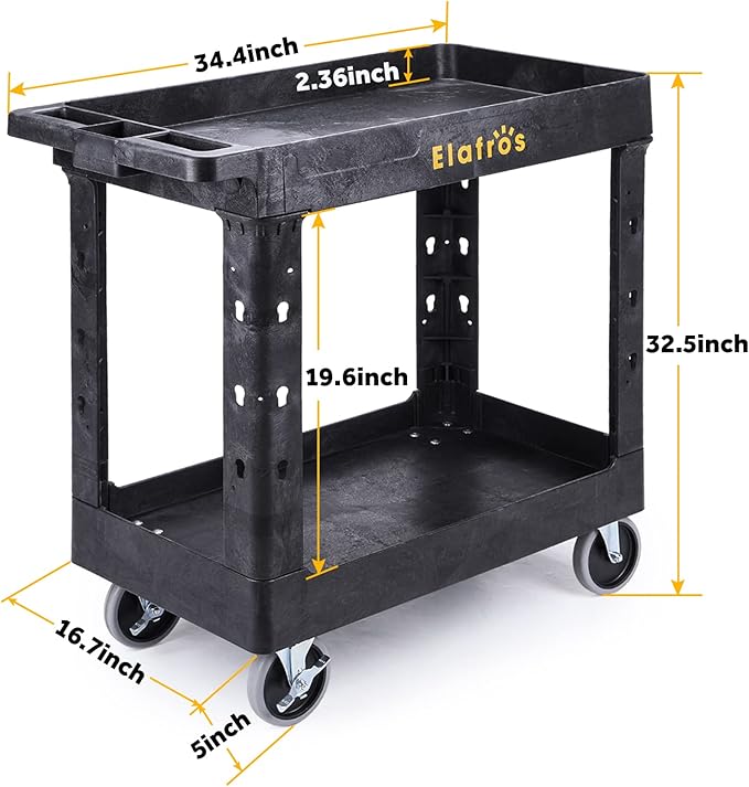 ELAFROS Heavy Duty Plastic Utility Cart 34 x 17 Inch - Work Cart Tub Storage W/Deep Shelves and Full Swivel Wheels Safely Holds up to 550 lbs - 2 Tier Service Cart for Warehouse,Garage, Cleaning