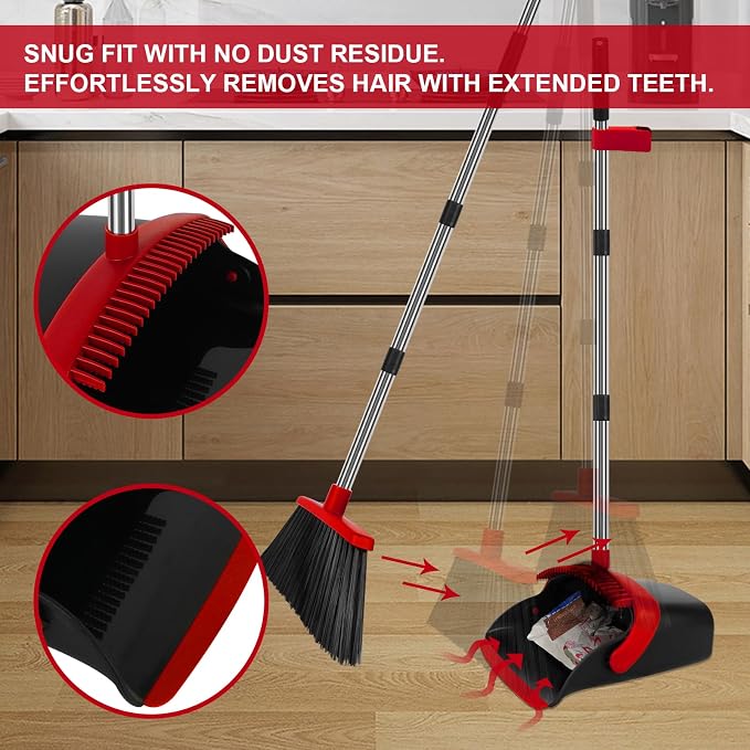 Red Broom and Dustpan Combo Set, Extended Reach Design, Built-in Comb Dustpan - Image 6