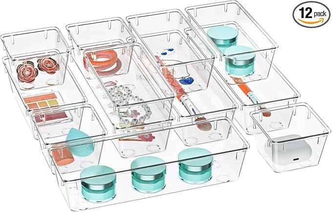 12 Pack Clear Drawer Organizer Set, Drawer Storage Trays, Storage Bins | by WOWBOX