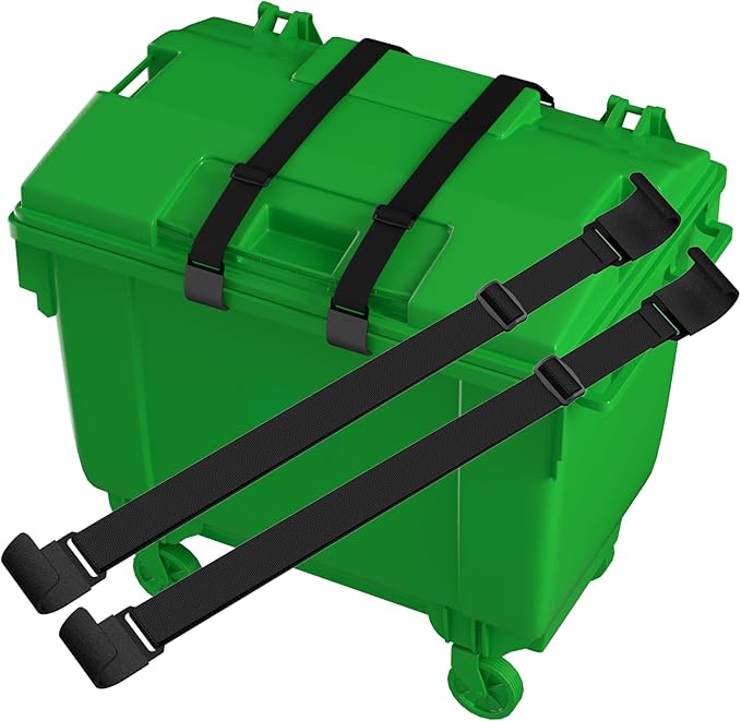 2Pcs Raccoon-Proof Trash Can Locks - Metal Double Claw Strap for 28-96 Gallons, Adjustable Anti-Rust Bungee Cord, Universal Outdoor Waste Bin Lid Lock (Black)