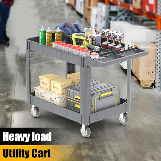 2 Tier Rolling Utility Cart on Wheels, 1000 lbs Capacity Plastic Service Cart with Lipped Shelves, 46 x 26-Inch Heavy Duty Work Cart for Warehouse, Garage, Cleaning, Gray