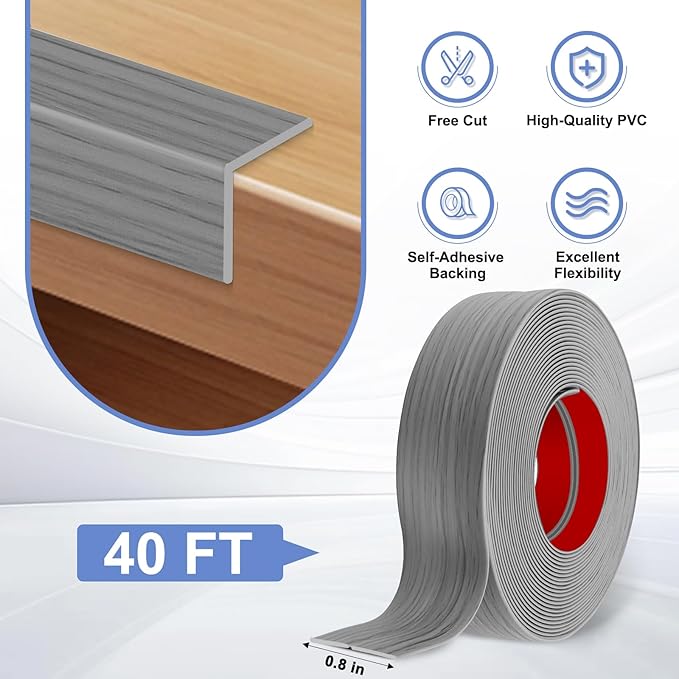 Wall Corner Protector Moulding Trim Peel and Stick Wall Corner Guards Trim Flexible Self Adhesive Edge Protector Moulding, 0.8 in x40 Ft, Light Gray Wood