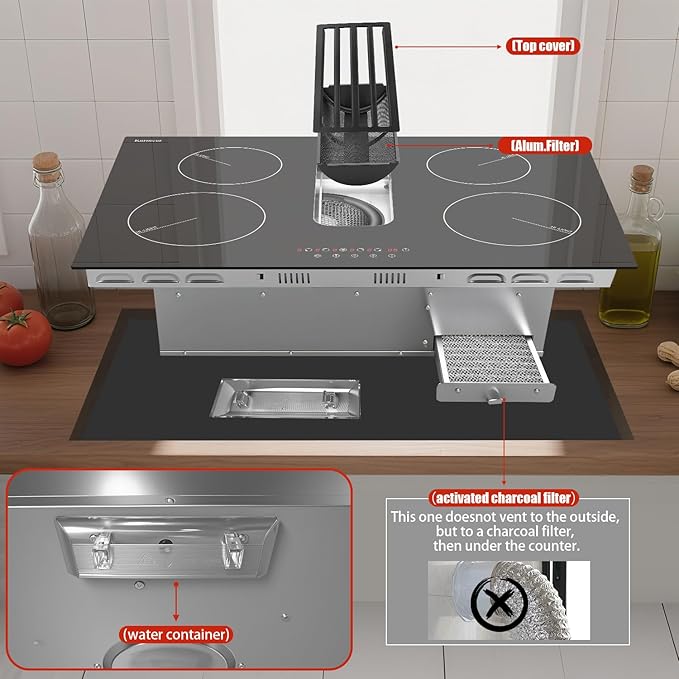 Karinear 30 Inch Electric Cooktop with Downdraft Range Hood, 4 Burners Glass Radiant Stovetop 240V Hardwired, 9 Power Levels, Timer, Pause, Child Lock, 3-Speed Exhaust Fan(No Exhaust Pipe Required)