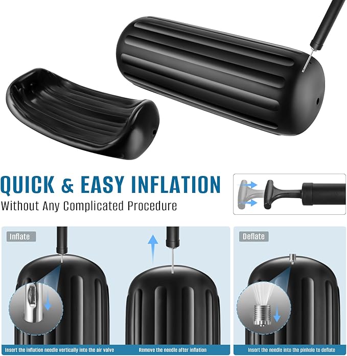 Boat Fenders 4 Pack 10 x 28 Inches Ribbed Center Hole Boat Fenders Bumpers for Docking, Comes with 4 Lines and Pump to Inflate