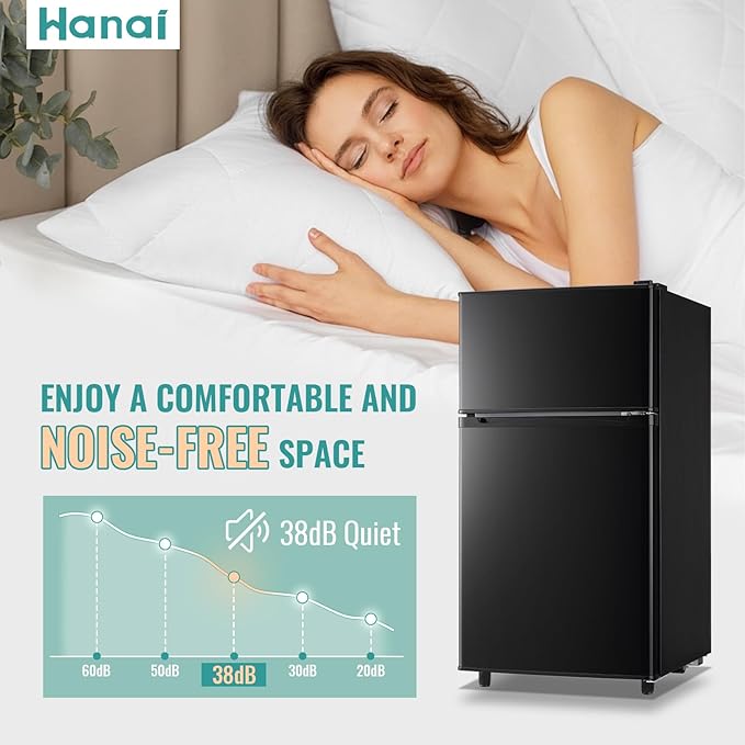 WANAI 3.5 Cu.Ft Mini Fridge with Freezer, Compact Refrigerator for Office, Dorm, Apartment, 7-Level Adjustable Thermostat, 2 Removable Shelves and Bakset, Small Fridge in Black