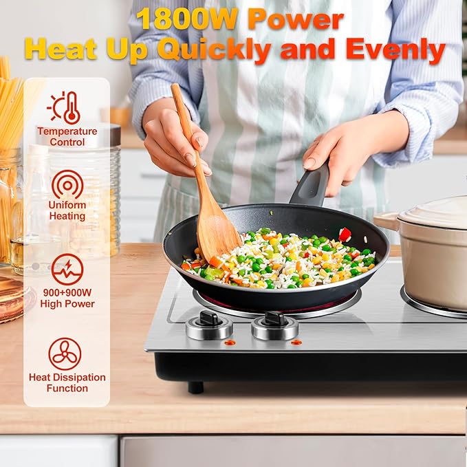Hot Plate,Cusimax Dual Infrared Burner, Electric Ceramic Glass Stove,Adjustable Temperature Control,Stainless Steel,Compatible of all Cookware,Easy Clean for Home, Dorm, Office