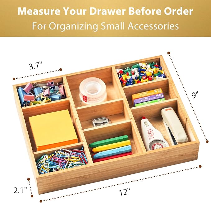 Bamboo Desk Drawer Organizer, Wood Junk Organizer Tray - Image 3