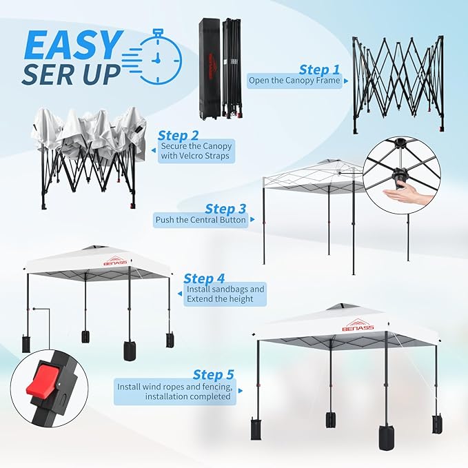 12x12 Pop Up Canopy, Easy Up Canopy Tent, Heavy Duty Tents for Parties, One Person Set Up Event Tent, White