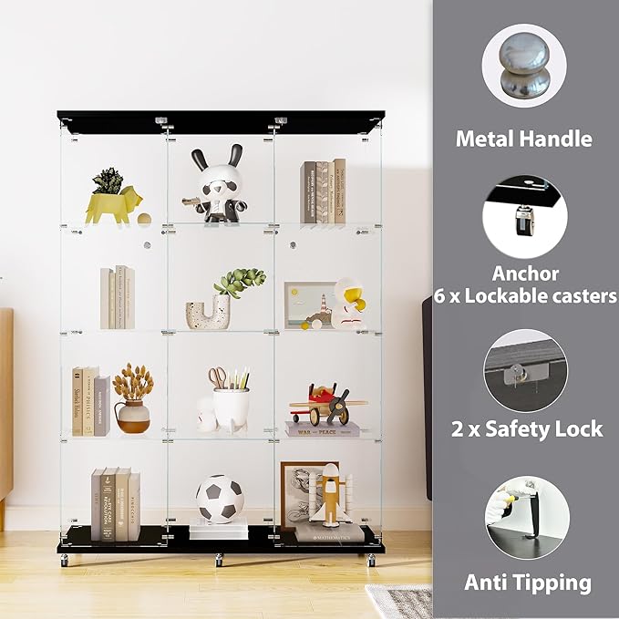 66.5" H 4-Shelf Extra Large Glass Display Cabinet with Double Doors,Modern Floor Standing Curio Cabinet Bookshelf Collection Display Case with Lockable Casters & Lock for Living Room (Black)