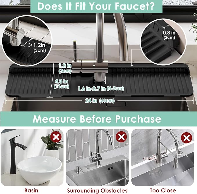 24-Inch Silicone Faucet Mat for Kitchen Sink Splash Guard, 7° Slope | 24"x5.5" - Image 2