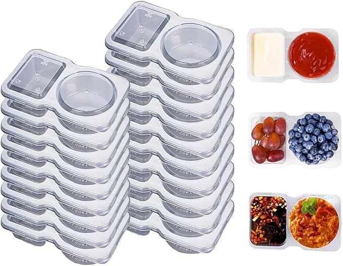 20 Packs Double Compartment Containers - Reusable BPA-Free Snack & Sauce Cups with Lids, Suitable for On-the-Go Use, Snack Storage