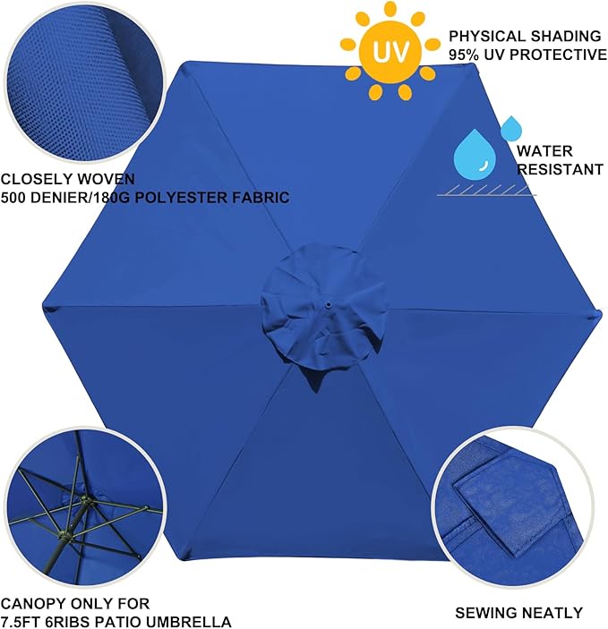 EliteShade USA 7.5FT Replacement Covers 6 Ribs Market Patio Umbrella Canopy Cover (CANOPY ONLY) (Royal Blue-8)