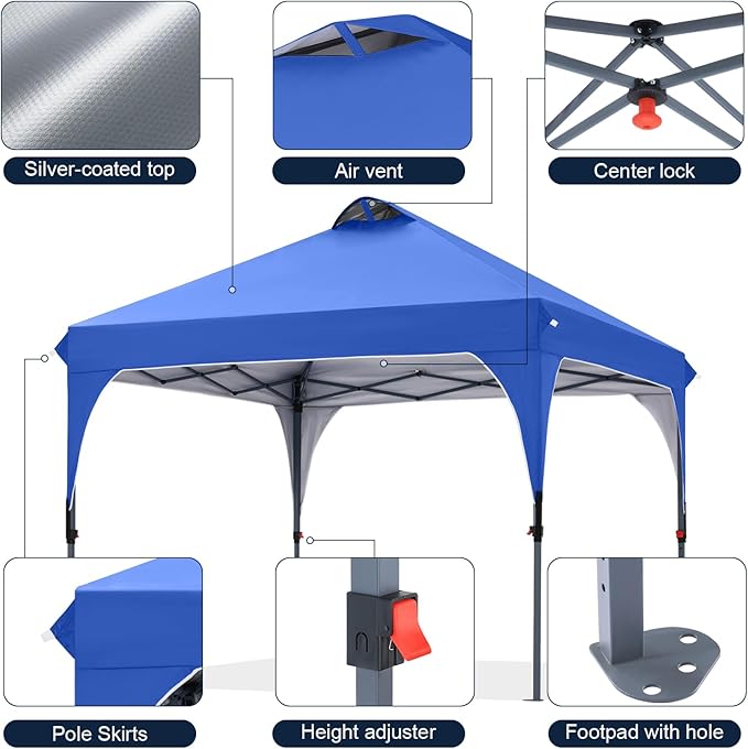 COOSHADE Pop Up Canopy Tent, 10x10 Easy Setup Instant Canopy Sun Shelter Beach Tent, Portable Sports, Blue