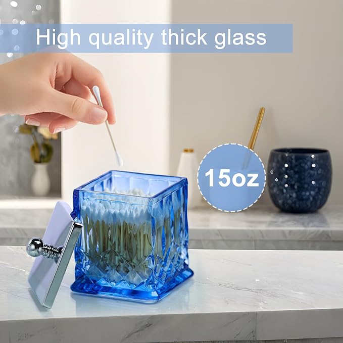 15Oz Blue Q-Tip Holder, Square Thick Glass & Metal Lid - Image 3