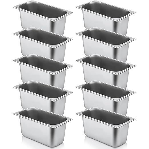 10 Pack Hotel Pans Stainless Steel Steam Table Pan 1/3 Size, 0.8 mm Thick Anti Jam Warming Pans for Food Warmer Restaurant Catering Supplies, 12.8 x 6.9 Inch(6 Inch Deep,Standard)