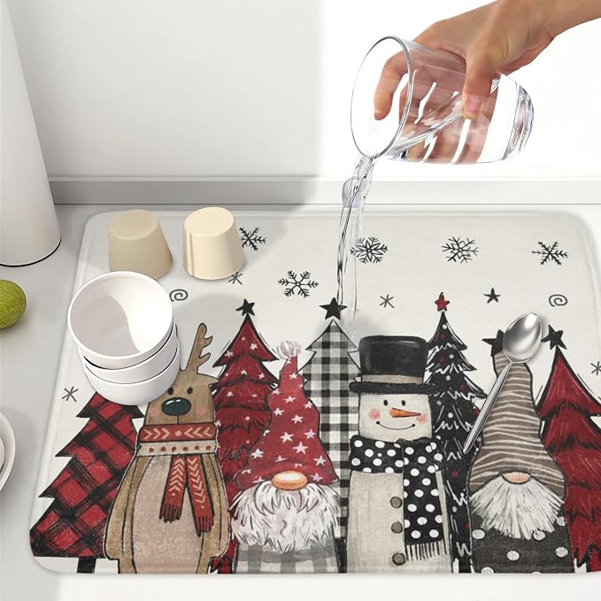 Giwawa Winter Snowman Gnome Dish Drying Mat Xmas Tree Dishes Pad 18"x24" - Image 6