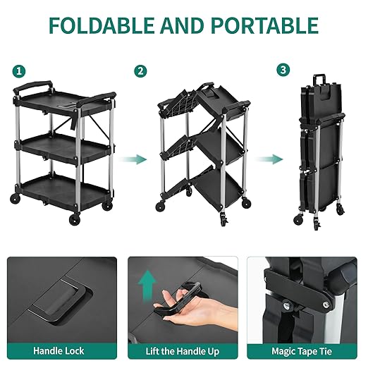 YITAHOME 240LBS Folding Utility Cart with Wheels, 3 Tier Foldable Service Cart Collapsible Rolling Cart with 360° Swivel Wheels (2 with Brakes), Portable Tool Cart for Home Garage Restaurant Office