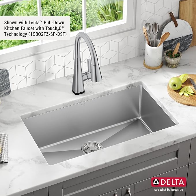 DELTA FAUCET Delta Lenta 30-inch Undermount 16 Gauge Stainless Steel Single Bowl Kitchen Sink with Accessories, 953034-30S-SS, Satin