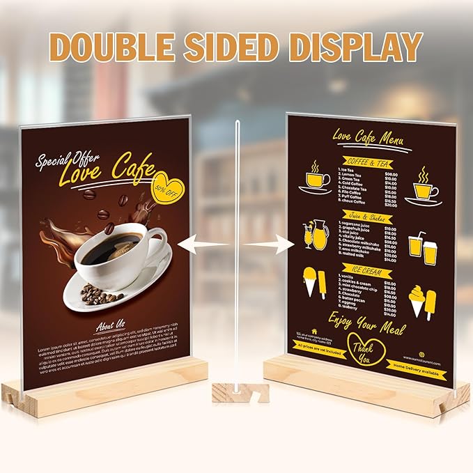 6pack 8.5x11 Acrylic Sign Holder with Wood Base for Picture Frames,L/T Shape Double Slot Design for Vertical or Slant Back Display, for Restaurant, Office, School, Store and Home Use