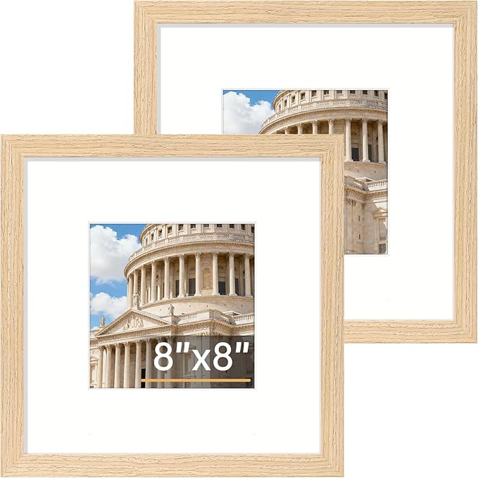 Vittanly 8x8 Picture Frame Set of 2, Solid Wood Frame for Wall or Tabletop, Display Photo 4x4 with Mat or 8x8 without Mat, Natural