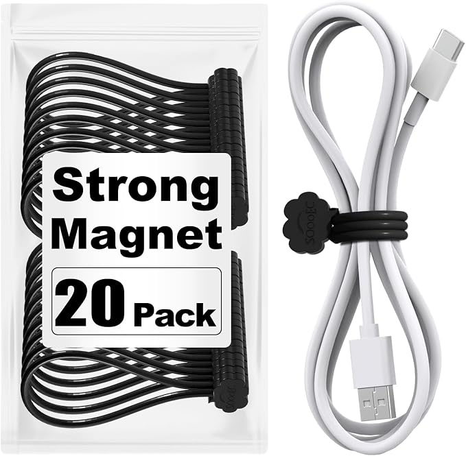 SOOOEC Magnetic Cable Ties 20 Pack, Cute Cloud 7.2" Silicone All Black | Strong by SOOOEC