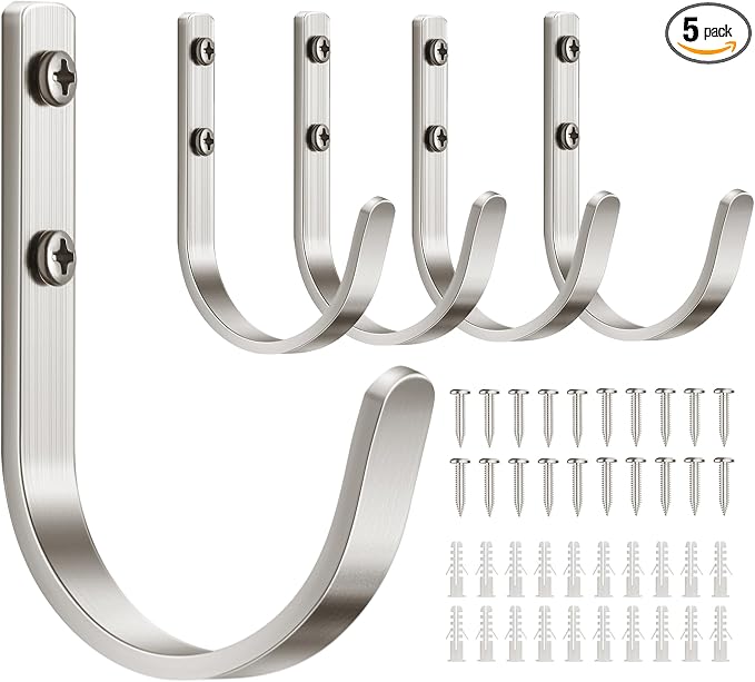 22LB Wall Hooks for Hanging Towel/Coat, Brushed Nickel 5 Pack | Screw in Metal by Josmimic