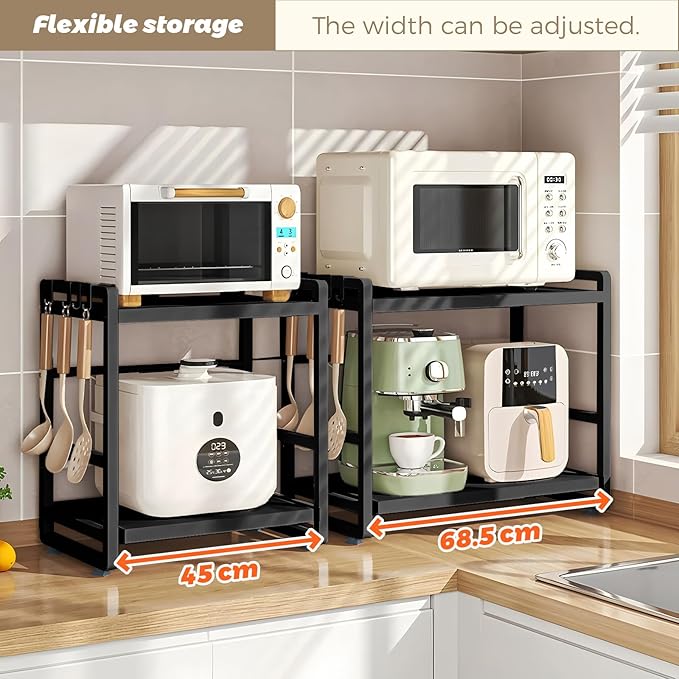 2-Tier Microwave Rack - Height Adjustable & Extendable Kitchen Shelf with Drawer - Carbon Steel - Includes Hooks & Reinforcement Suction Cups - Easy Assembly (Black)