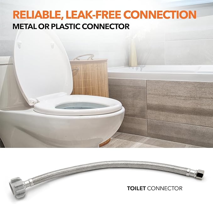 Stainless Steel Braided Water Connectors with Reinforced PVC Inner Hose for Toilets, 3/8" Compression x 7/8" Ballcock, 12" Length (5Pack)