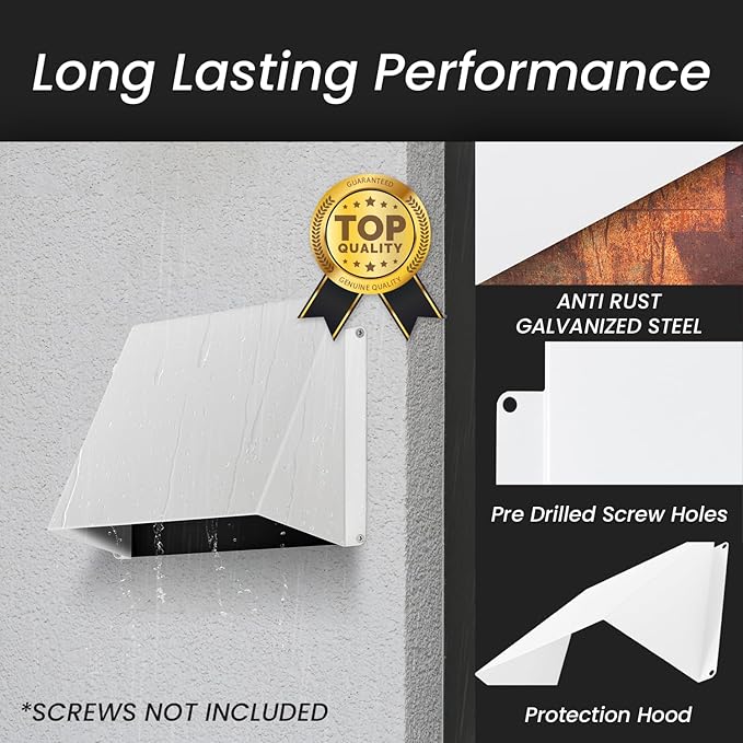 10" x 5" White Galvanized Steel Vent Cover - Duct Exhaust/Inlet Rain Deflector - Weatherproof Guard for Open Ventilation Systems - Indoor/Outdoor Vent Hood - Air Vent Grille Protection Roof