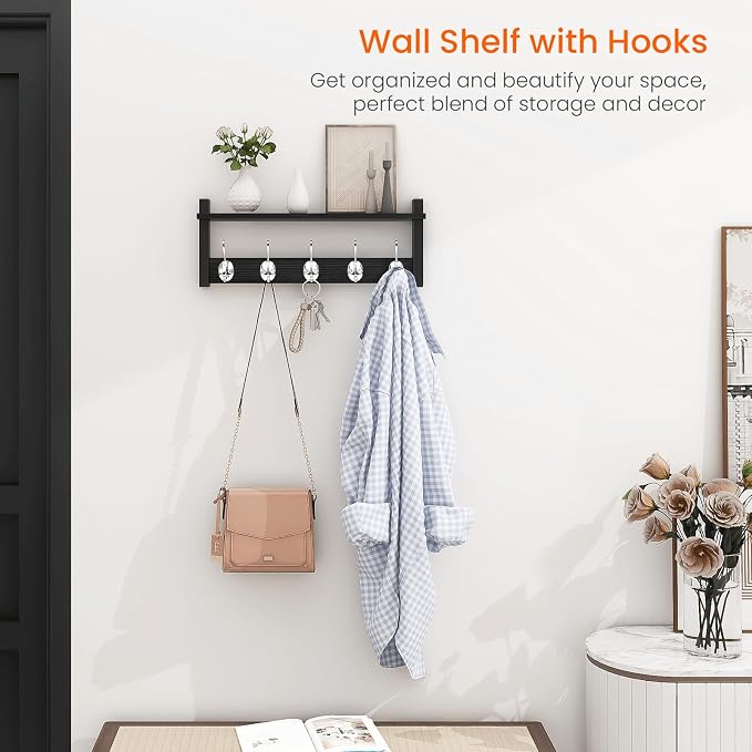 Wall Coat Rack With Shelf, Wood Entryway Hanger With Hooks, Small Floating Pegs - Image 2
